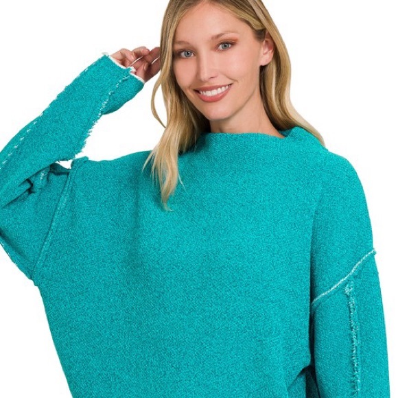 Zenana Teal Oversized Mock Neck Raw Hem Chenille Sweater - Picture 2 of 3